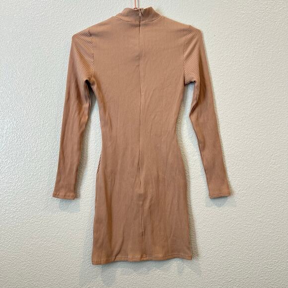 Princess Polly Savoy Long Sleeve Mini Dress Beige Tan Ribbed Knit Mock Neck - Picture 6 of 9